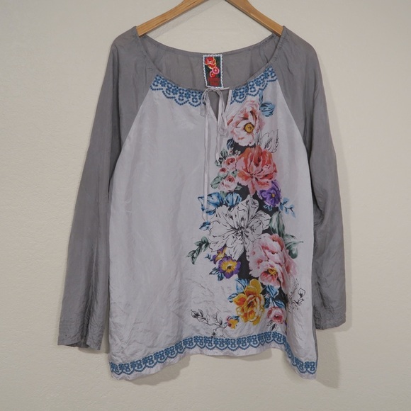 Johnny Was Silk Gray Floral Tunic Top Semi Sheer Boho Oversized Long Sleeve - Picture 7 of 8